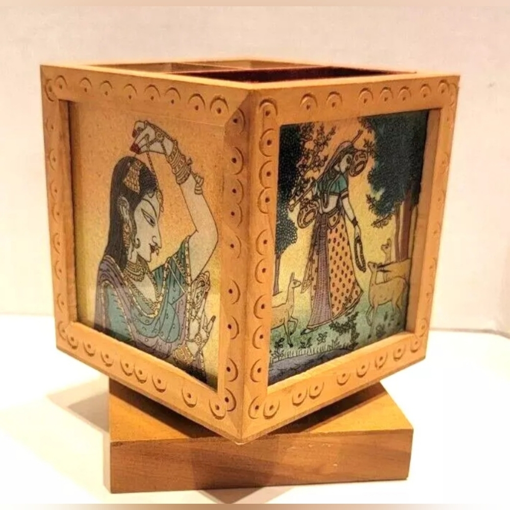 Handcrafted Indian Bani Thani Rotating Rajasthani Gemstone Pen Holder